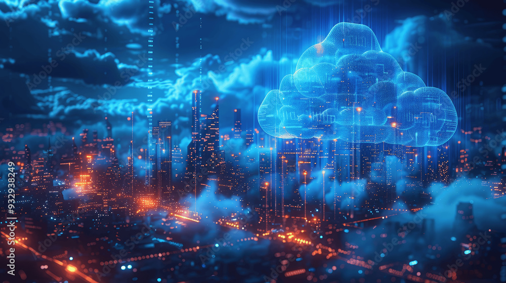 Fototapeta premium Futuristic Cityscape With Digital Cloud Technology Connectivity Lights