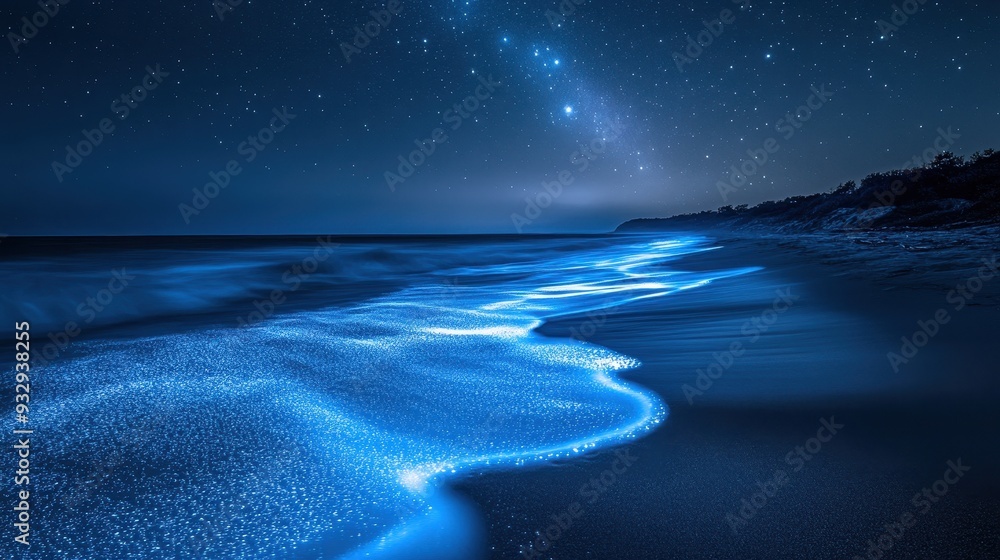 Bioluminescent Waves Crashing on Sandy Shore Under Starry Night Sky. Bioluminescent Waves Crashing on Sandy Shore Under Starry Night Sky.