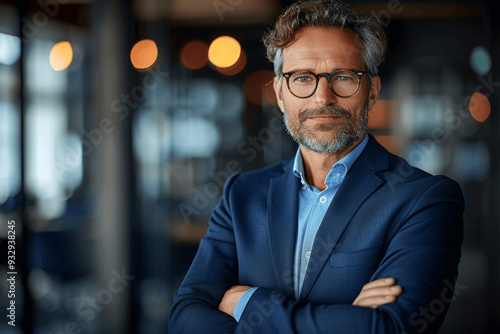 Confident Middle Aged Businessman In Blue Suit And Glasses Standing In Modern Office