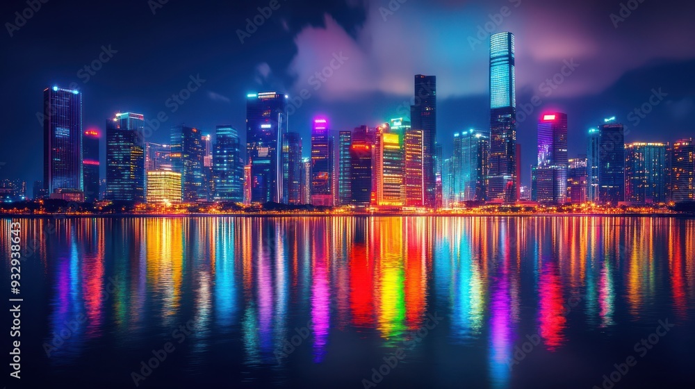 Fototapeta premium vibrant city skyline reflecting in a river at night with colorful lights.