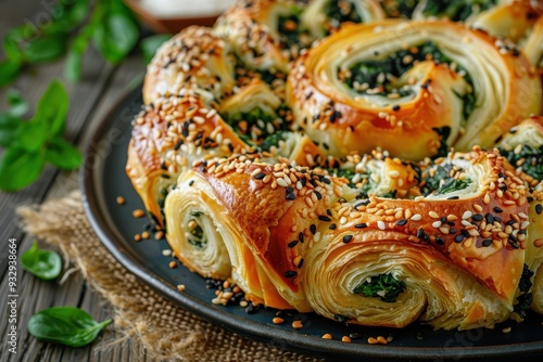 Traditional Turkish pastry filled with spinach and feta cheese made with phyllo dough and sprinkled with sesame seeds Turkish name spanakli Borek photo