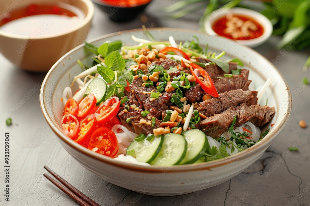 Traditional Vietnamese noodle salad with beef herbs veggies and fish sauce Bun Bo Nam Bo Traditional Vietnamese noodle salad with beef herbs veggies and fish sauce Bun Bo Nam Bo