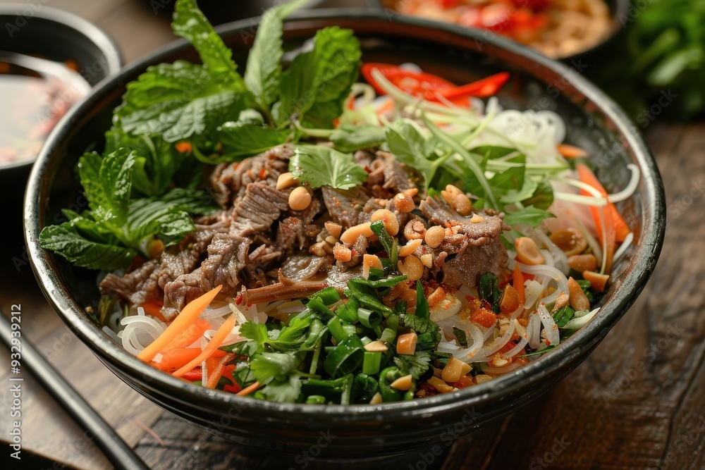 Traditional Vietnamese salad with beef herbs pickled vegetables and fish sauce Traditional Vietnamese salad with beef herbs pickled vegetables and fish sauce
