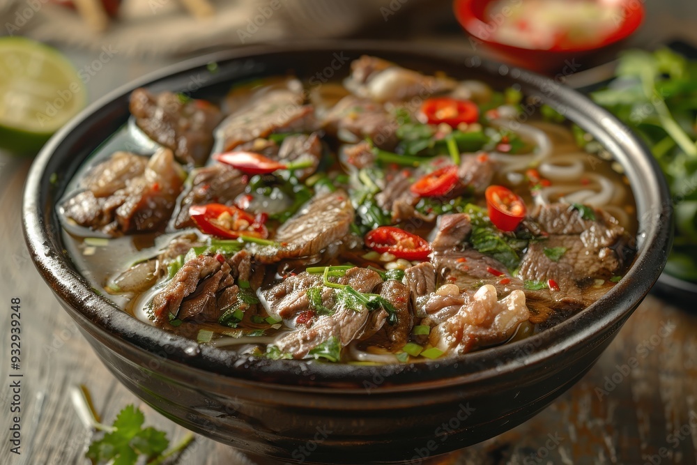 Traditional Vietnamese Pho Bo soup with beef rice noodles ginger lime and chili in a bowl Close up shot Traditional Vietnamese Pho Bo soup with beef rice noodles ginger lime and chili in a bowl Close up shot