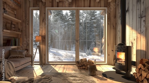 Room with a pellet and wood stove for heating. Concept Pellet Stove, Wood Stove, Room Heating, Cozy Environment