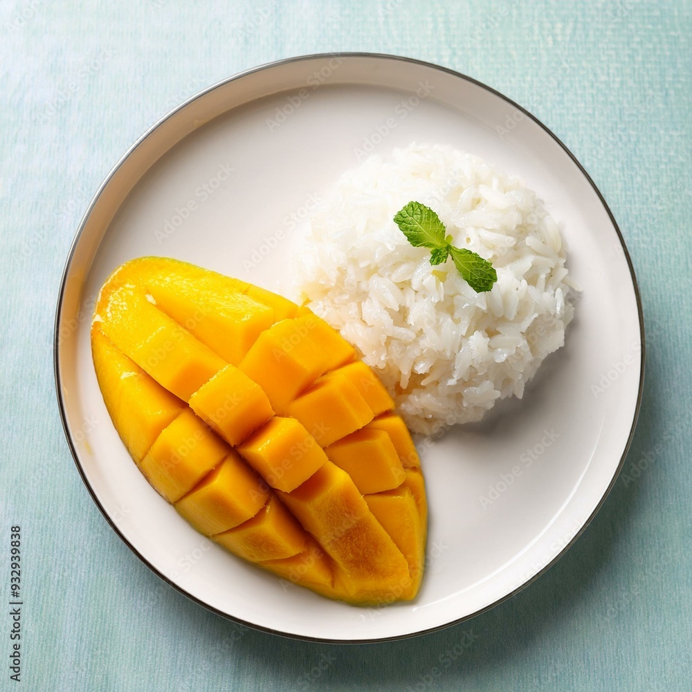 Mango sticky rice in a white plate, mango sticky rice with coconut milk Mango sticky rice in a white plate, mango sticky rice with coconut milk