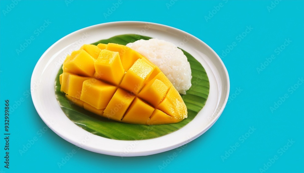 Mango sticky rice in a white plate, mango sticky rice with coconut milk Mango sticky rice in a white plate, mango sticky rice with coconut milk