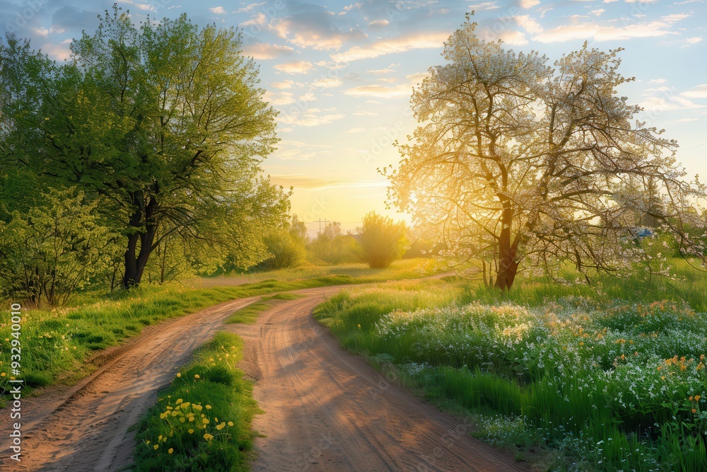 Tranquil rural landscape with green trees and dirt road at sunrise in spring Morning scene with blooming plants and trees in sunny spring Tranquil rural landscape with green trees and dirt road at sunrise in spring Morning scene with blooming plants and trees in sunny spring