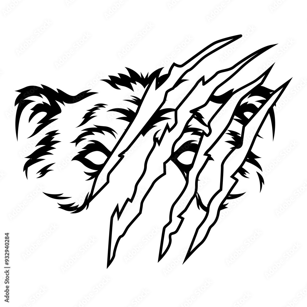 Fototapeta premium Bear Face with Claw | Bear Claw | Grizzly Bear | Wild Animal | Forest Animal | Jungle Animal | Claw Mark | Bear Scratch | Original Illustration | Vector and Clipart | Cutfile and Stencil