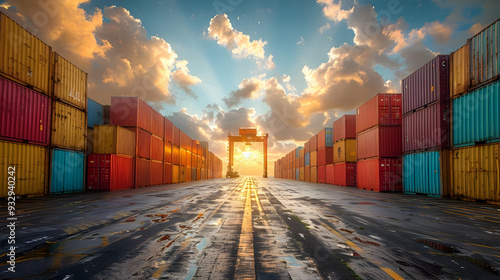 Wallpaper Mural Cargo Containers at Sunset,  Illustration of a shipping port with colorful cargo containers Torontodigital.ca