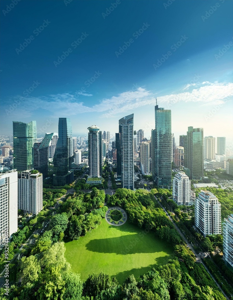 Obraz premium Rooftop terrace mockup, sparse modern furniture, city skyline view of Bangkok Thailand