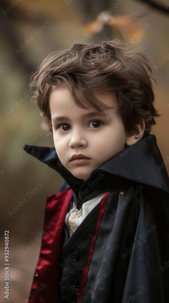 A delighted boy dressed in a vampire costume gazes intently as leaves fall around him, embodying the spirit of Halloween outdoors A delighted boy dressed in a vampire costume gazes intently as leaves fall around him, embodying the spirit of Halloween outdoors