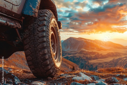 Travel idea with large 4x4 vehicle at sunset and mountains Close up of offroad tire