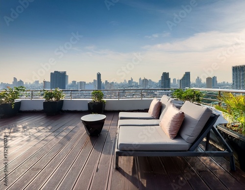 Rooftop terrace mockup, sparse modern furniture, city skyline view of Bangkok Thailand photo