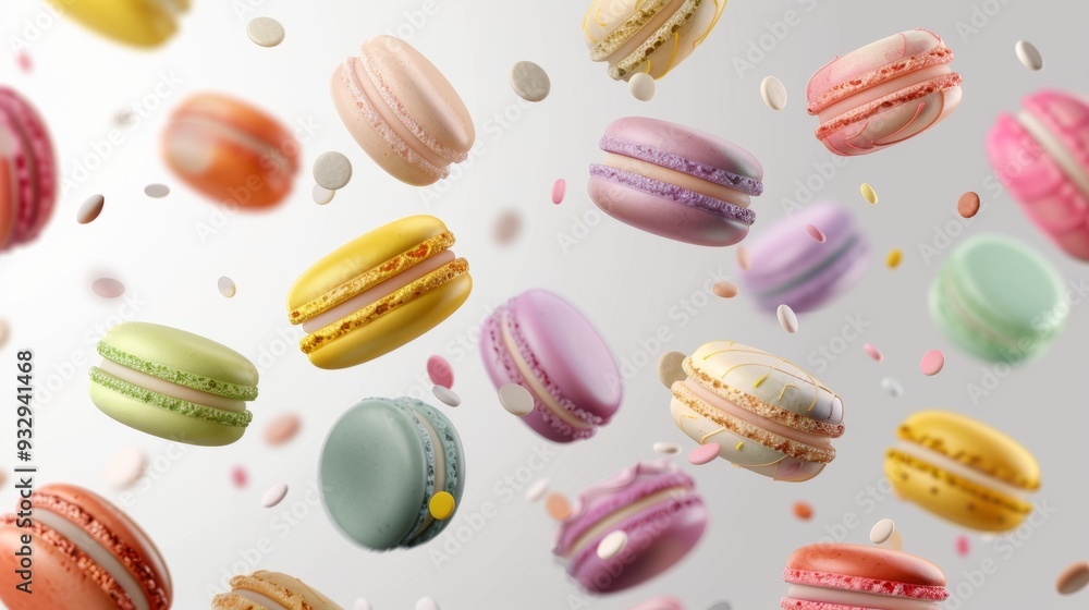 Various colorful of macarons floating on the air, Desserts sweet cake concept Various colorful of macarons floating on the air, Desserts sweet cake concept