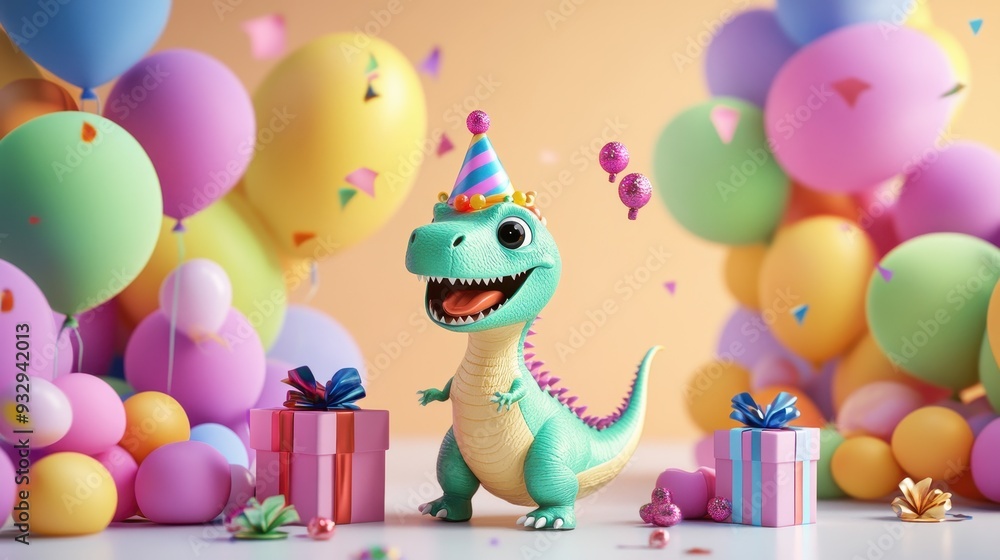 Obraz premium Cute Dinosaur Wearing Party Hat Surrounded by Balloons and Presents for Birthday Celebration