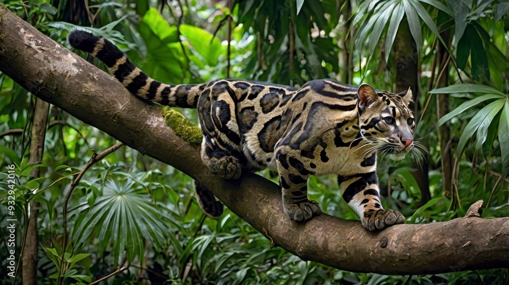 Clouded leopard climbing tree branch, jungle setting Clouded leopard climbing tree branch, jungle setting