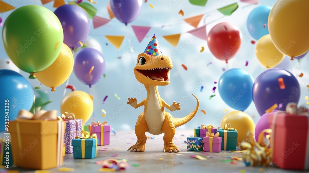 Obraz premium Happy Birthday Dinosaur with Balloons and Presents - 3D Rendered Illustration.