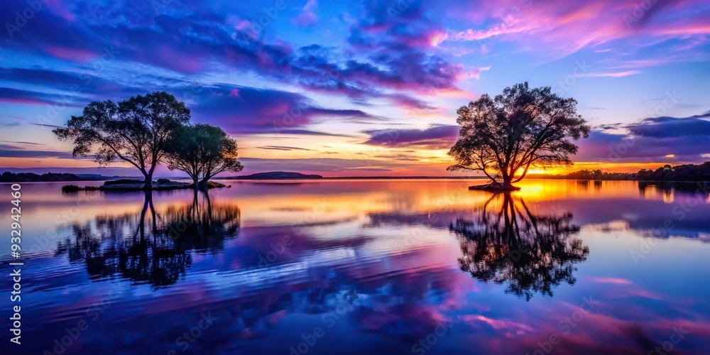 Stunning Low-Light Bay Sunset with Silhouetted Trees and Reflections on Calm Water in Deep Blues and Purples Stunning Low-Light Bay Sunset with Silhouetted Trees and Reflections on Calm Water in Deep Blues and Purples