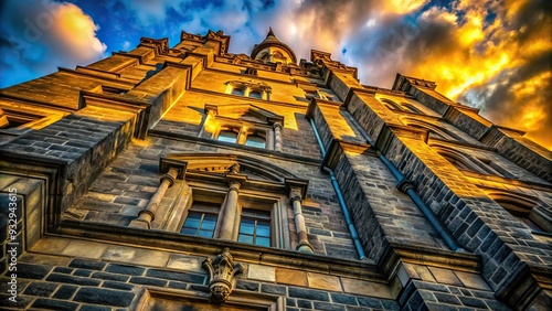 dramatic worm's eye view bluestone facade architectural grandeur captivating rough-hewn texture subtle weathered patina warm golden hour soft diffused light majestic monumental structure photo