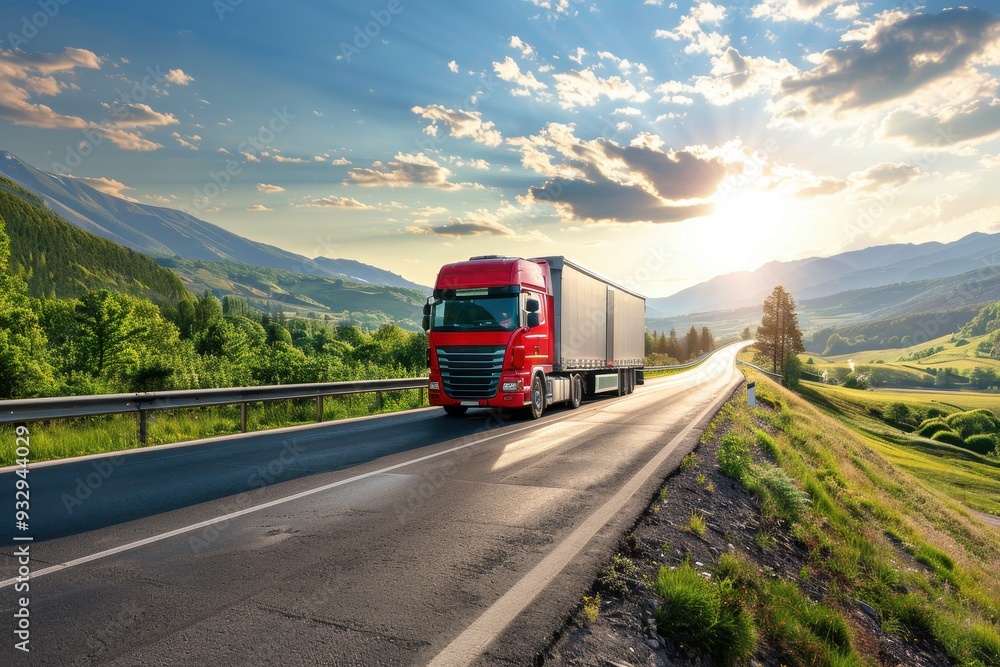 Truck traveling on sunny road landscape Truck traveling on sunny road landscape