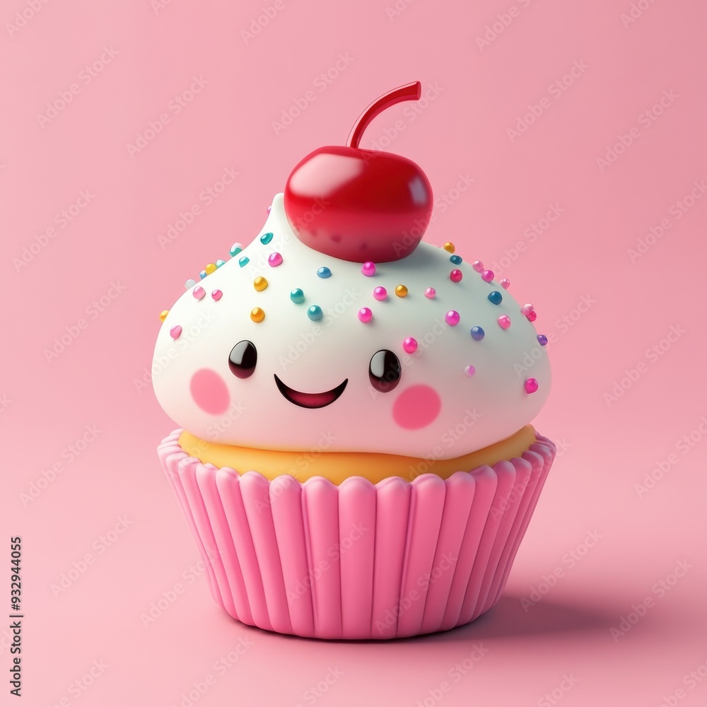Cute Cartoon Cupcake with Cherry on Top and Sprinkles 3D Render. Cute Cartoon Cupcake with Cherry on Top and Sprinkles 3D Render.