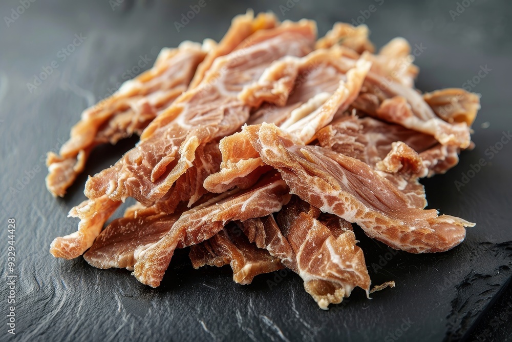 Turkey jerky slices on black table Turkey jerky slices on black table