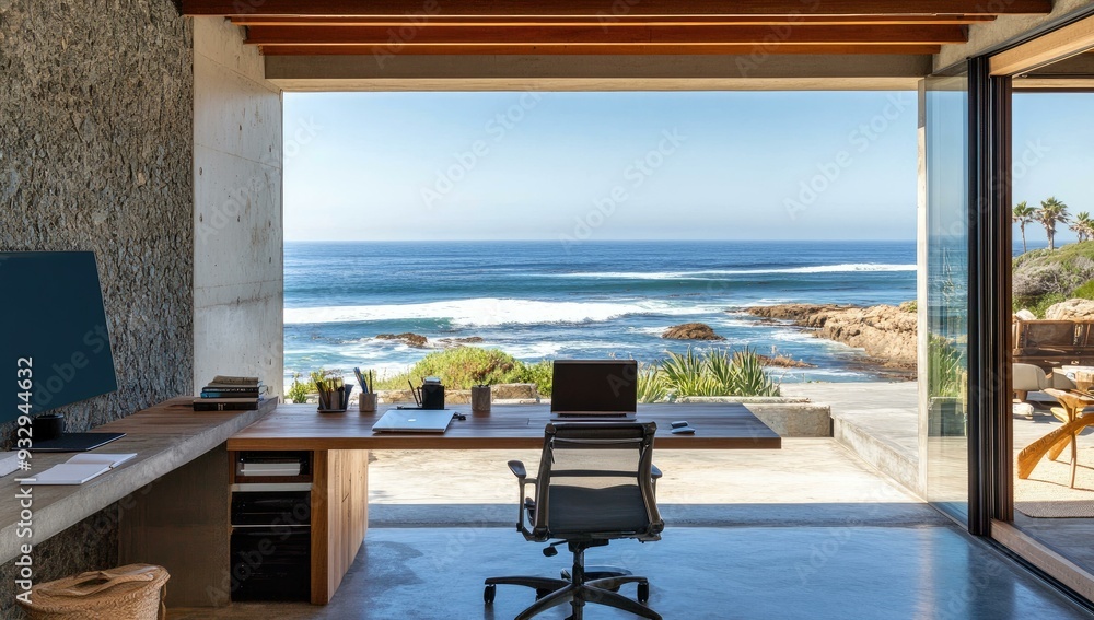 Fototapeta premium Ocean view office with wooden desk and chair.