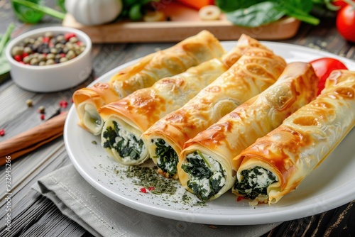 Turkish spinach and cheese borek on white plate traditional pastry Turkish name rulo borek or sigara boregi photo