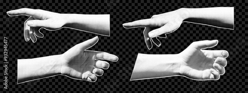 Set of halftone human hands. Y2k collage design. Pop art paper cut element
