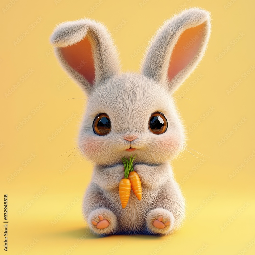 Adorable Cartoon Bunny Holding Carrots on a Yellow Background - 3D Render. Adorable Cartoon Bunny Holding Carrots on a Yellow Background - 3D Render.