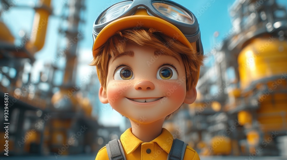 Engineering student on the background of gas processing plant, pipelines, storage tanks. Funny facial expression, 3d style cartoon character Engineering student on the background of gas processing plant, pipelines, storage tanks. Funny facial expression, 3d style cartoon character