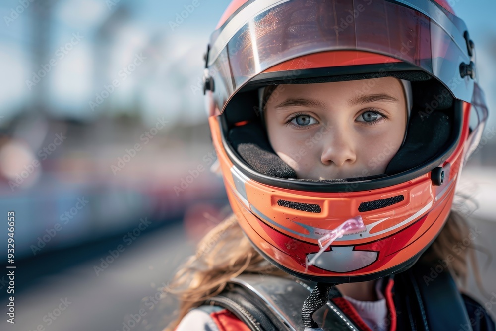 Young girl racer posing with kart wearing helmet on sunny day Young girl racer posing with kart wearing helmet on sunny day
