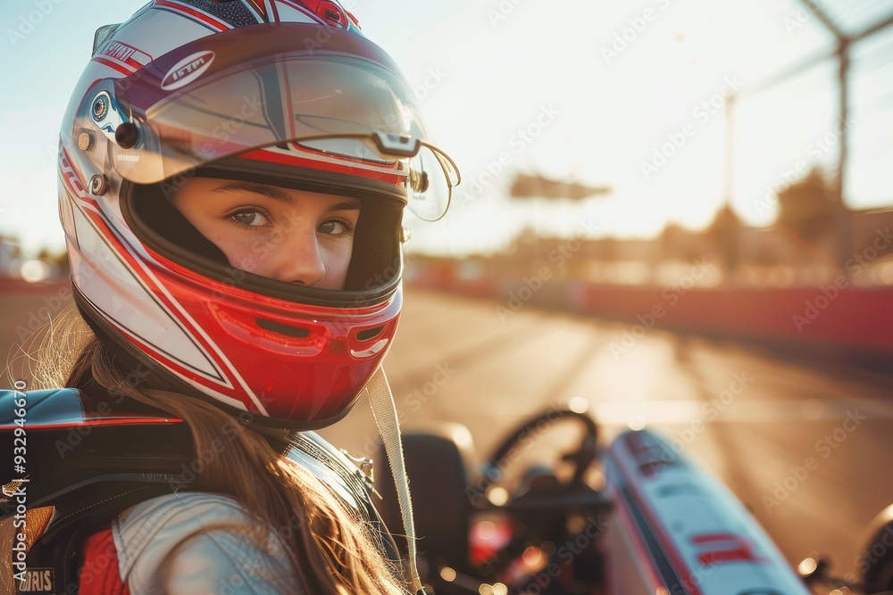 Young girl racer taking picture near karting car in track with helmet on sunny day Young girl racer taking picture near karting car in track with helmet on sunny day