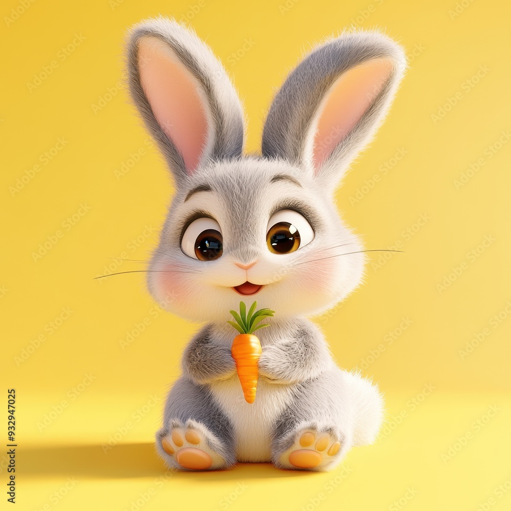 Cute Cartoon Bunny Holding a Carrot on Yellow Background. Cute Cartoon Bunny Holding a Carrot on Yellow Background.