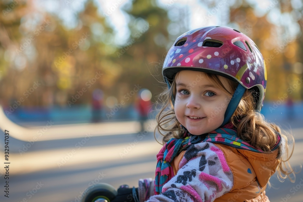 Young girl wearing helmet and roller skates in park Young girl wearing helmet and roller skates in park