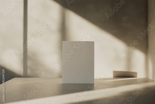 Minimalist White Blank Square Card Mockup with Light and Shadow on Table.