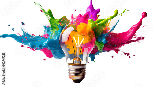 Creative light bulb explodes with colorful paint Splash on a white isolated background. Generative AI.