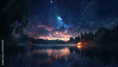 Starry night sky over lake with tent and campfire.