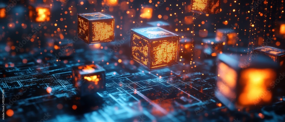 Futuristic Glowing Cubes Floating Over Digital Circuit Board - Abstract 3D Rendering. Futuristic Glowing Cubes Floating Over Digital Circuit Board - Abstract 3D Rendering.