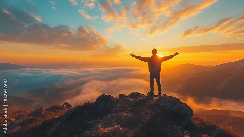 A man standing on a mountain peak at sunset, with dramatic clouds enhancing the awe-inspiring view. A man standing on a mountain peak at sunset, with dramatic clouds enhancing the awe-inspiring view.