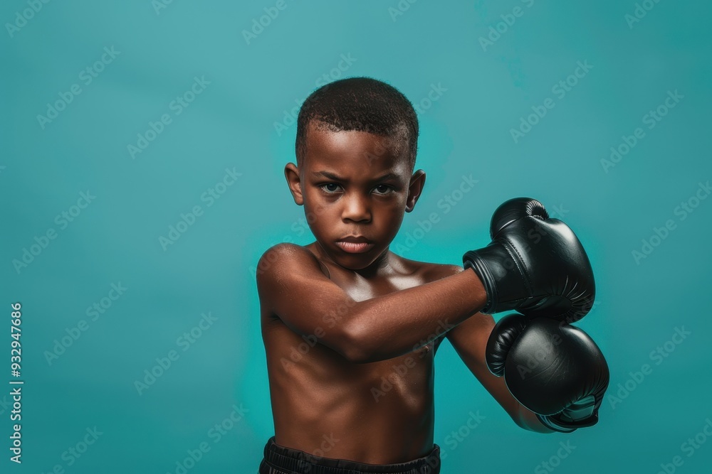 Young male boxer in focus wearing sports gear and gloves Healthy lifestyle Turquoise backdrop with blank area Studio shot Young male boxer in focus wearing sports gear and gloves Healthy lifestyle Turquoise backdrop with blank area Studio shot