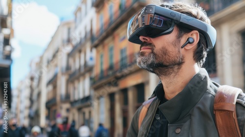 Traveler using augmented reality glasses to navigate city, travel technology, smart tourism