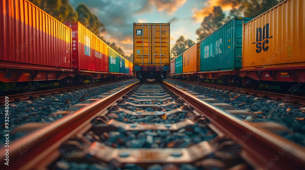 Cargo Train on Railroad Tracks in Sunset Illustration Cargo Train on Railroad Tracks in Sunset Illustration