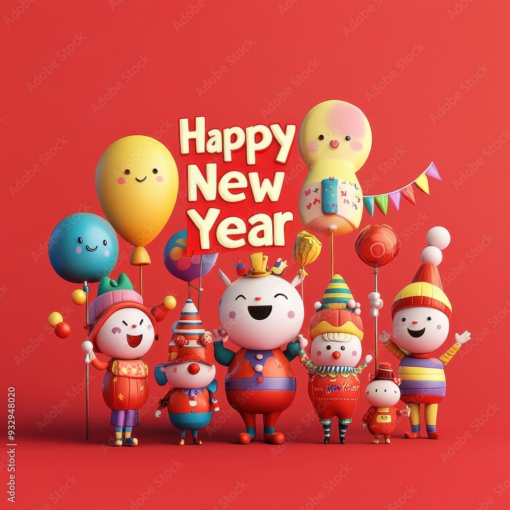 Naklejka premium Happy New Year Celebration with Cute Cartoon Characters and Balloons.