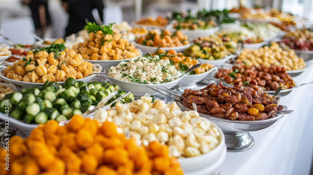 Obraz premium “A diverse selection of cold snacks arranged on a buffet table for catering. The spread includes an assortment of appetizers, finger foods, and chilled dishes, 