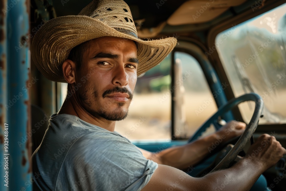 young man in hat driving vehicle young man in hat driving vehicle