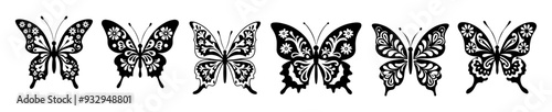 Silhouettes of butterflies set. Black drawing of different butterflies, moths. Winged exotic tropical flying insects. Monochrome vector decorative design elements isolated on transparent backgrounds.