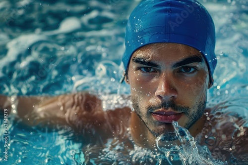 Young man with muscles in blue cap in pool