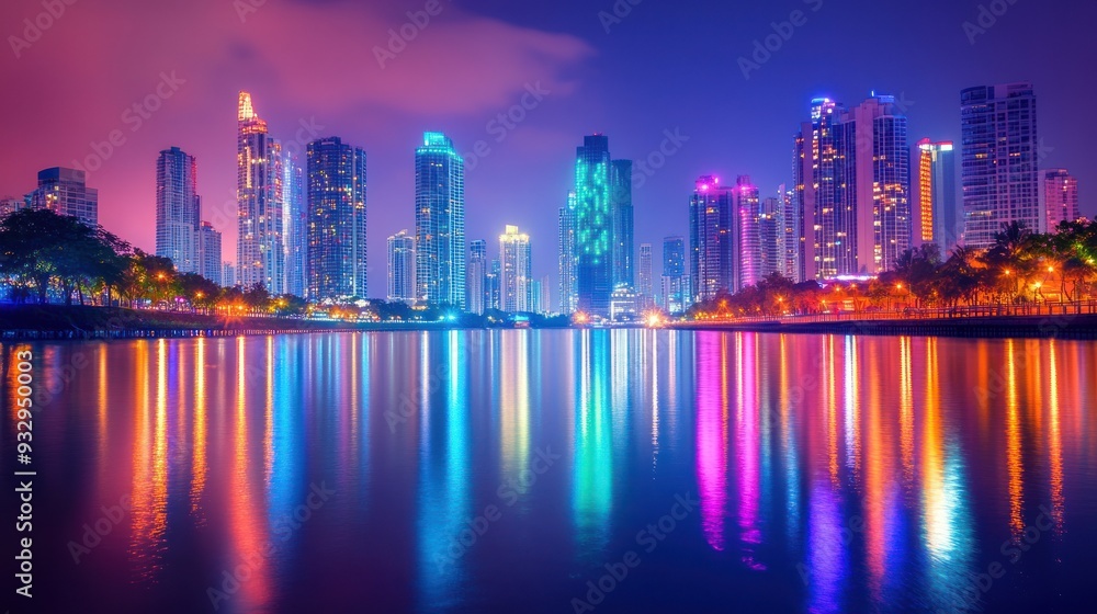 vibrant city skyline reflecting in a river at night with colorful lights. vibrant city skyline reflecting in a river at night with colorful lights.